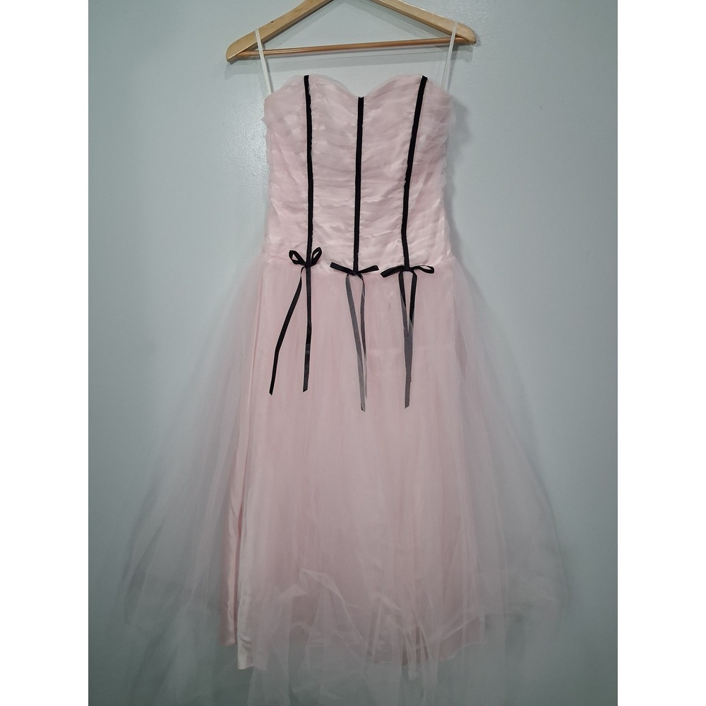 Jessica McClintock Pink Tulle Strapless Prom Dress Black Velvet Bows Size 6 USA